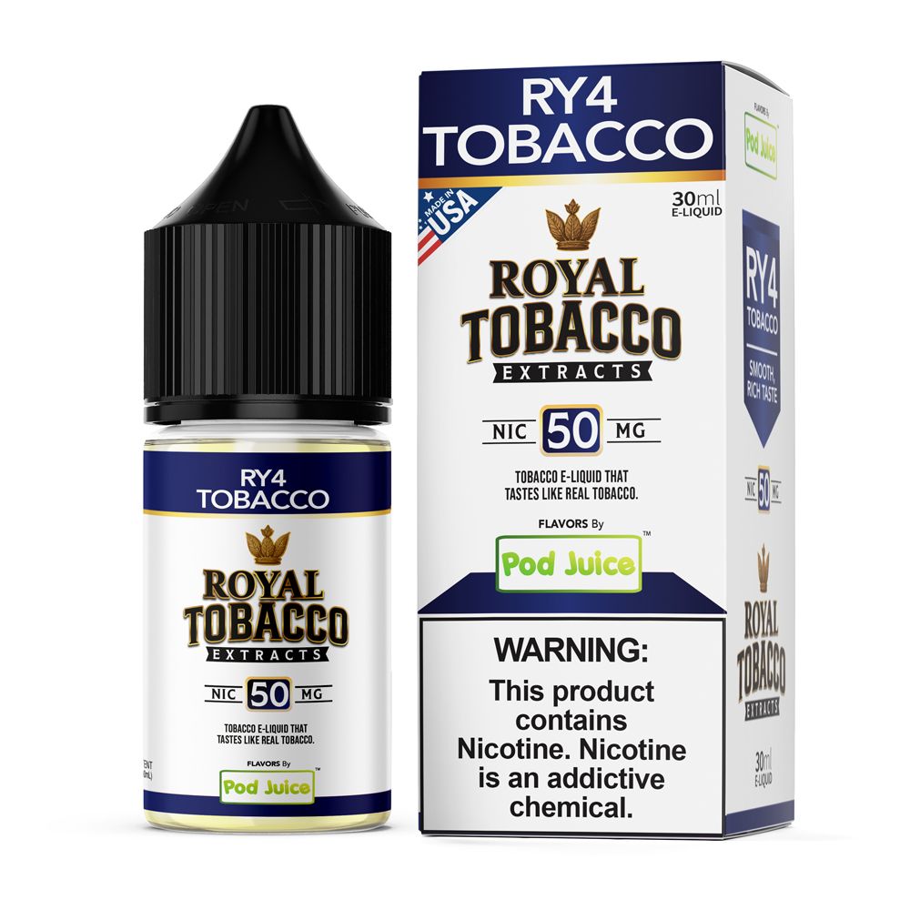 Pod Juice x Royal Tobacco Extracts - RY4 Tobacco - 30mL Salts with packaging