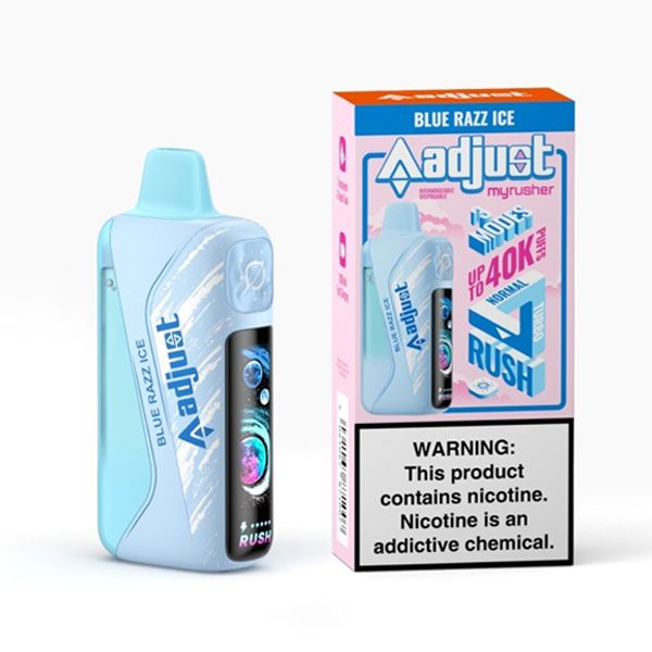 Adjust MyRusher 40K Disposable blue razz ice with packaging