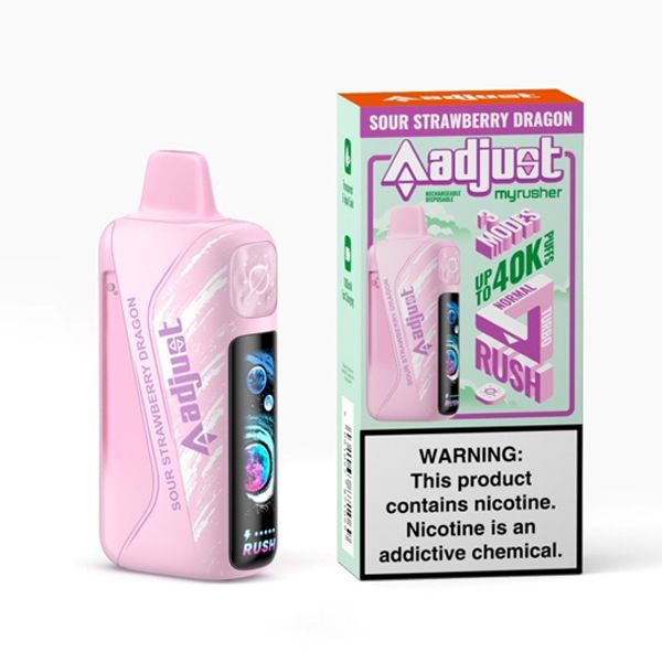 Adjust MyRusher 40K Disposable sour strawberry dragon with packaging