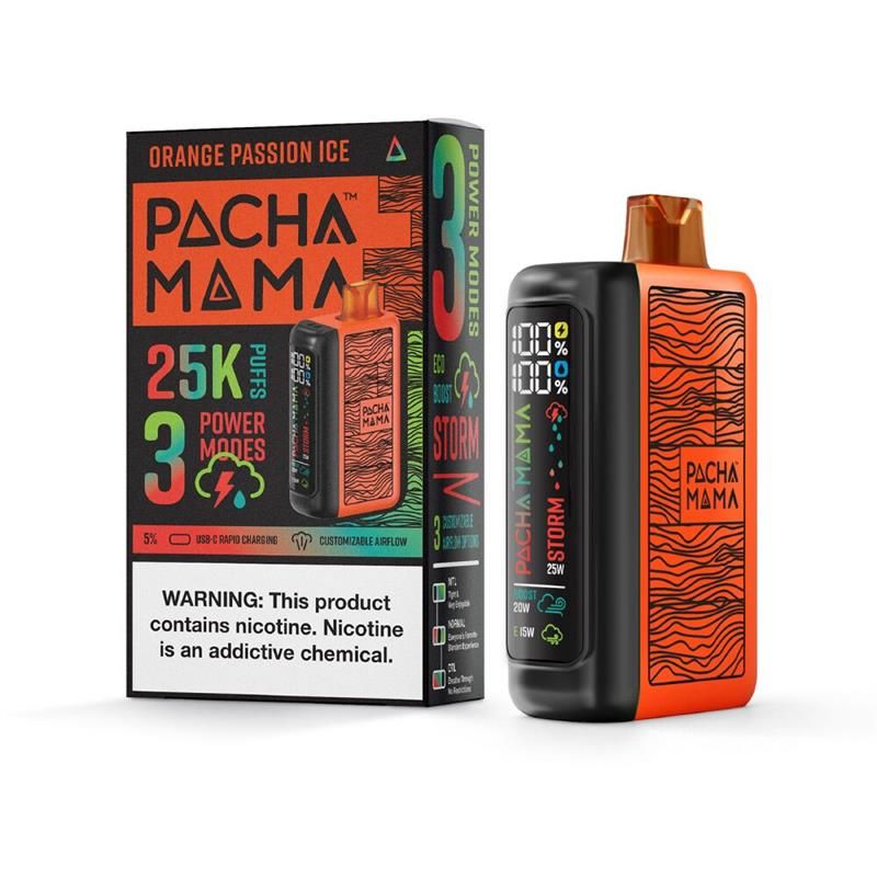 Pachamama 25K Disposable - Orange Passion Ice with packaging