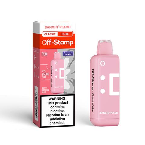 Off Stamp X Cube 25K Disposable (Disposable + Replacement Pods) Bangin' Peach with packaging