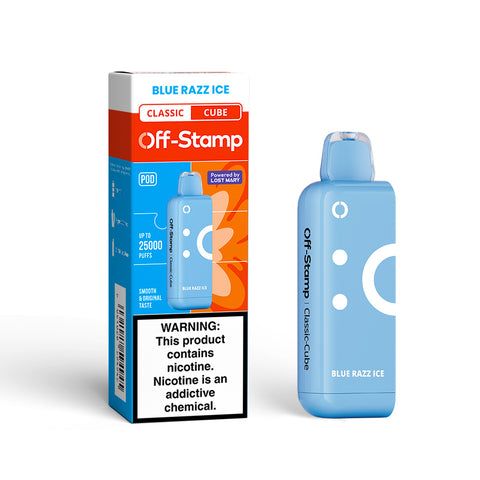 Off Stamp X Cube 25K Disposable (Disposable + Replacement Pods) Blue Razz Ice with packaging