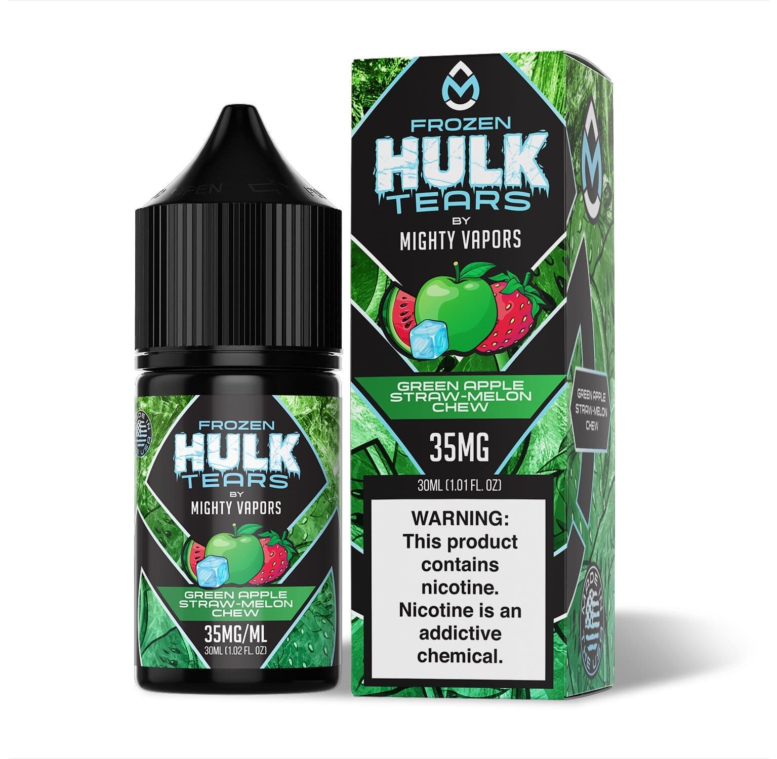 Frozen Green Apple Straw-Melon Chew by Mighty Vapors Hulk Tears Salt Series E-Liquid 30mL (Salt Nic) with Packaging