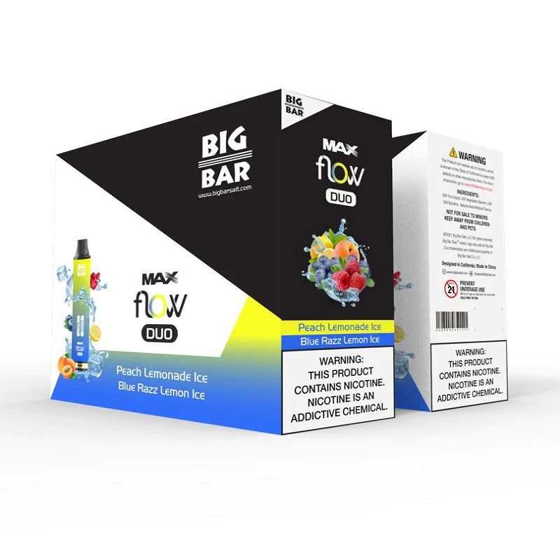 Big Bar MAX FLOW DUO Disposable | 4000 Puffs | 12mL Peach lemonade Ice Blue Razz Lemon Ice packaging