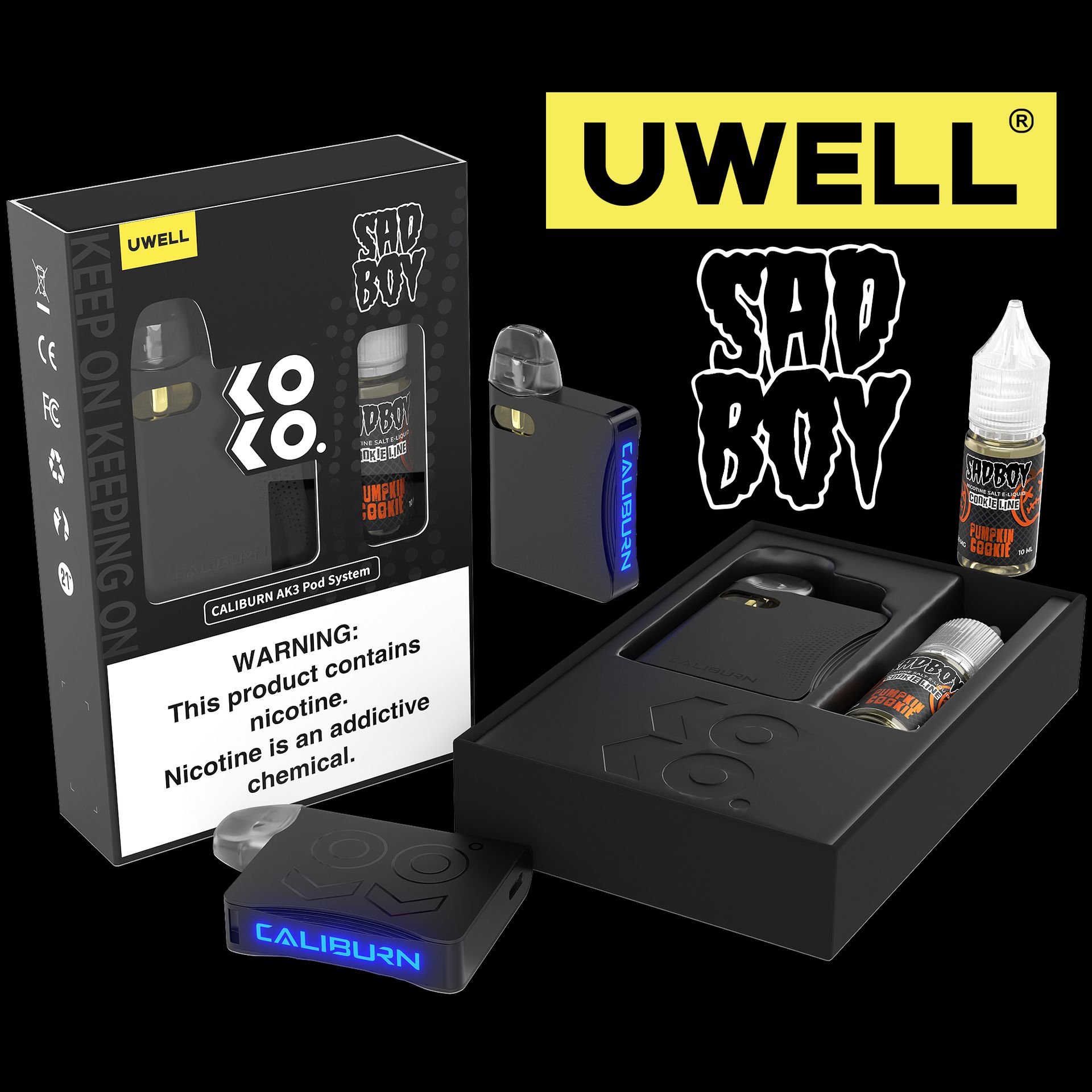 Uwell Caliburn AK3 Kit + A3S 0.8ohm Pods (x2) + Daddy's Vapor 10mL Salts 50mg Black - Flavor: Pumpkin Cookie 50mg with Packaging
