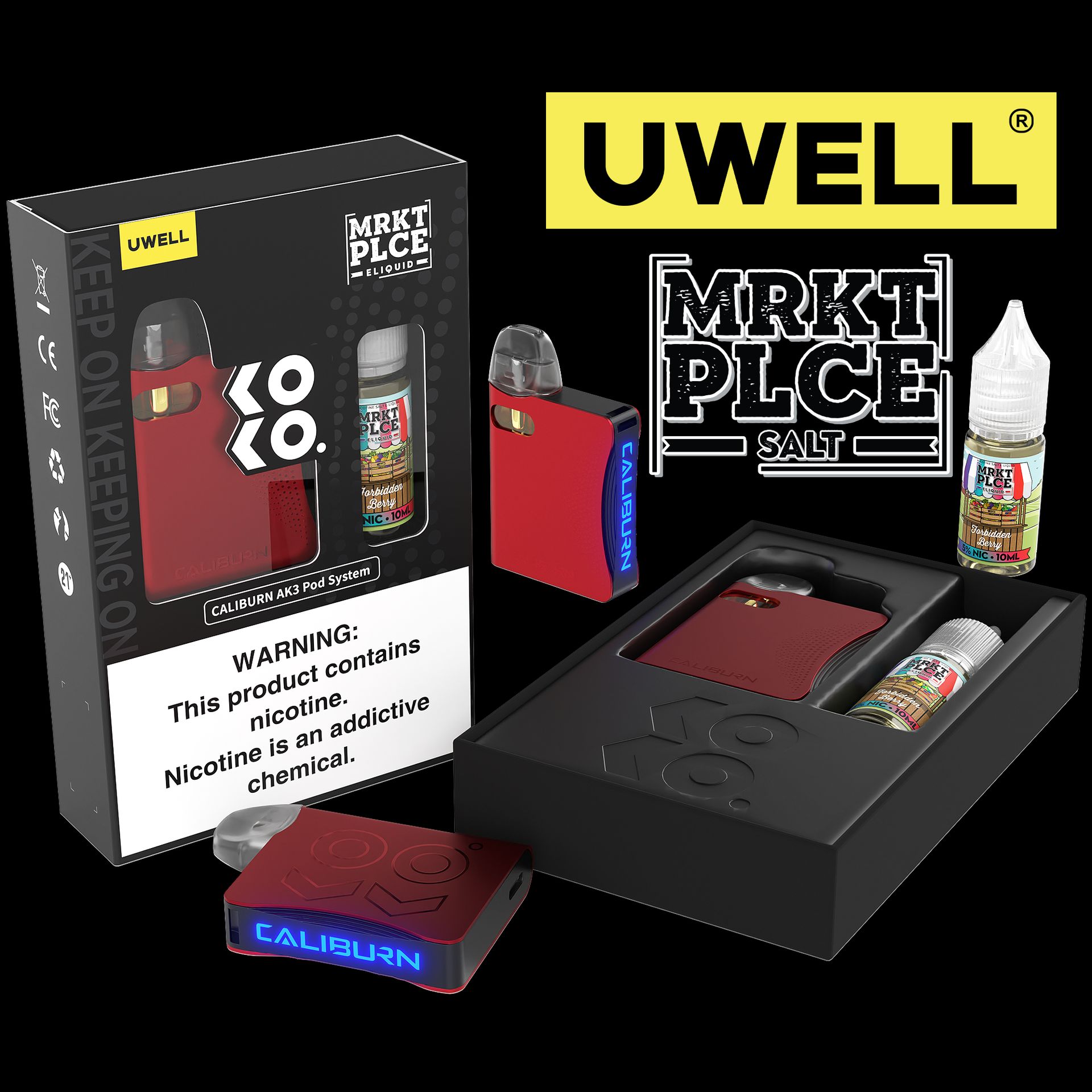 Uwell Caliburn AK3 Kit + A3S 0.8ohm Pods (x2) + Daddy's Vapor 10mL Salts 50mg Red - Flavor: Forbidden Berry 50mg Packaging