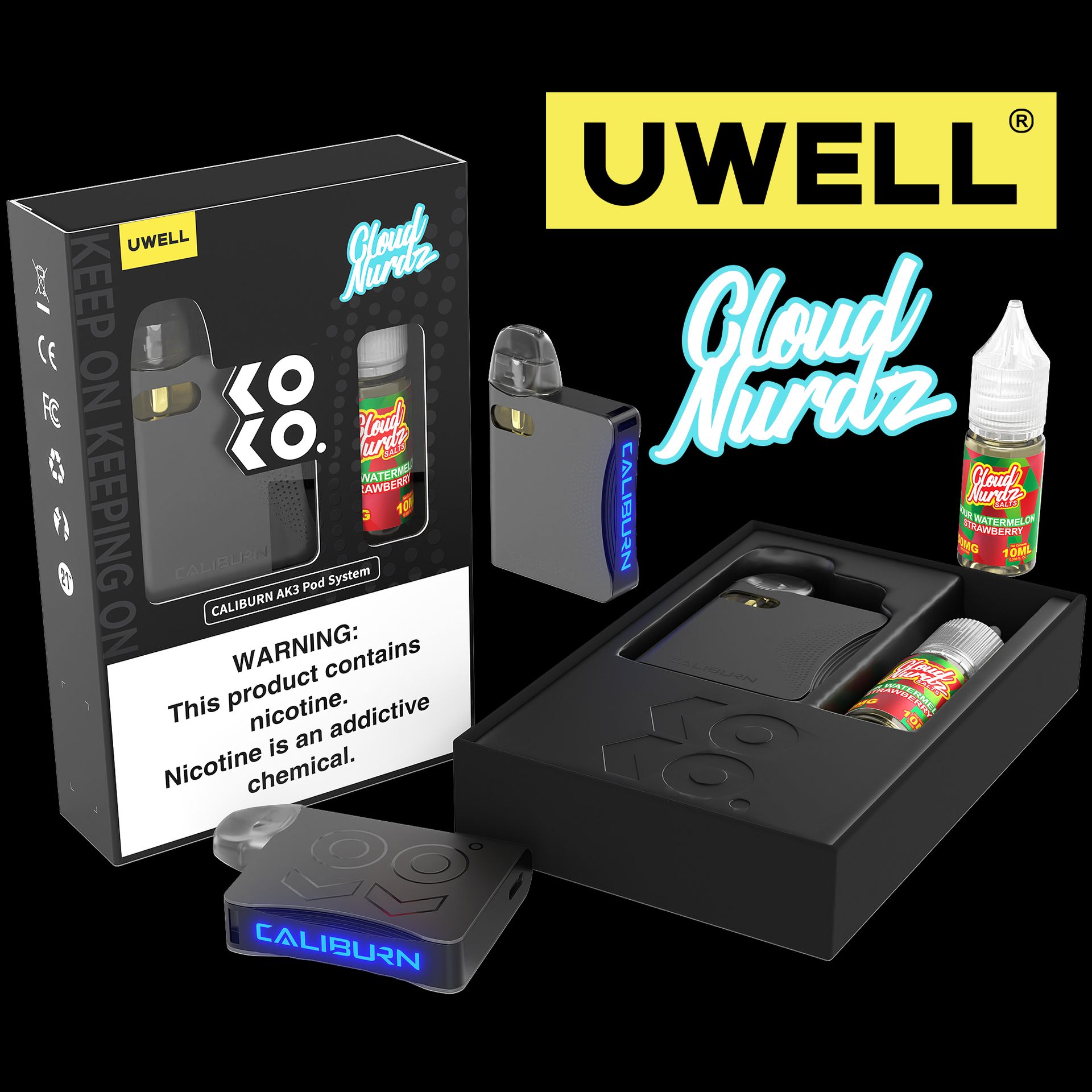 Uwell Caliburn AK3 Kit + A3S 0.8ohm Pods (x2) + Daddy's Vapor 10mL Salts 50mg Grey - Flavor: Sour Watermelon Strawberry 50mg Packaging