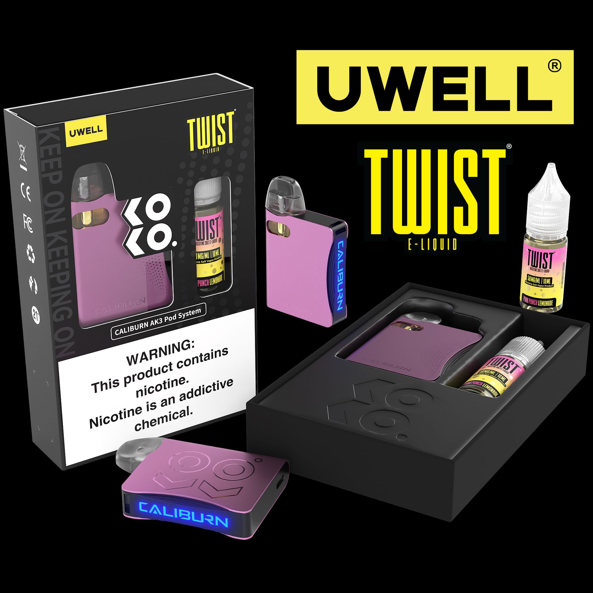 Uwell Caliburn AK3 Kit + A3S 0.8ohm Pods (x2) + Daddy's Vapor 10mL Salts 50mg Pink - Flavor: Pink Punch Lemonade 50mg Packaging