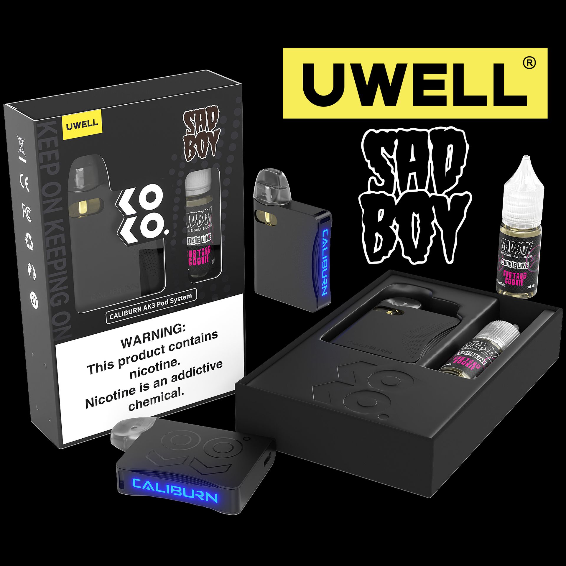Uwell Caliburn AK3 Kit + A3S 0.8ohm Pods (x2) + Daddy's Vapor 10mL Salts 50mg Black - Flavor: Custard Cookie 50mg Packaging