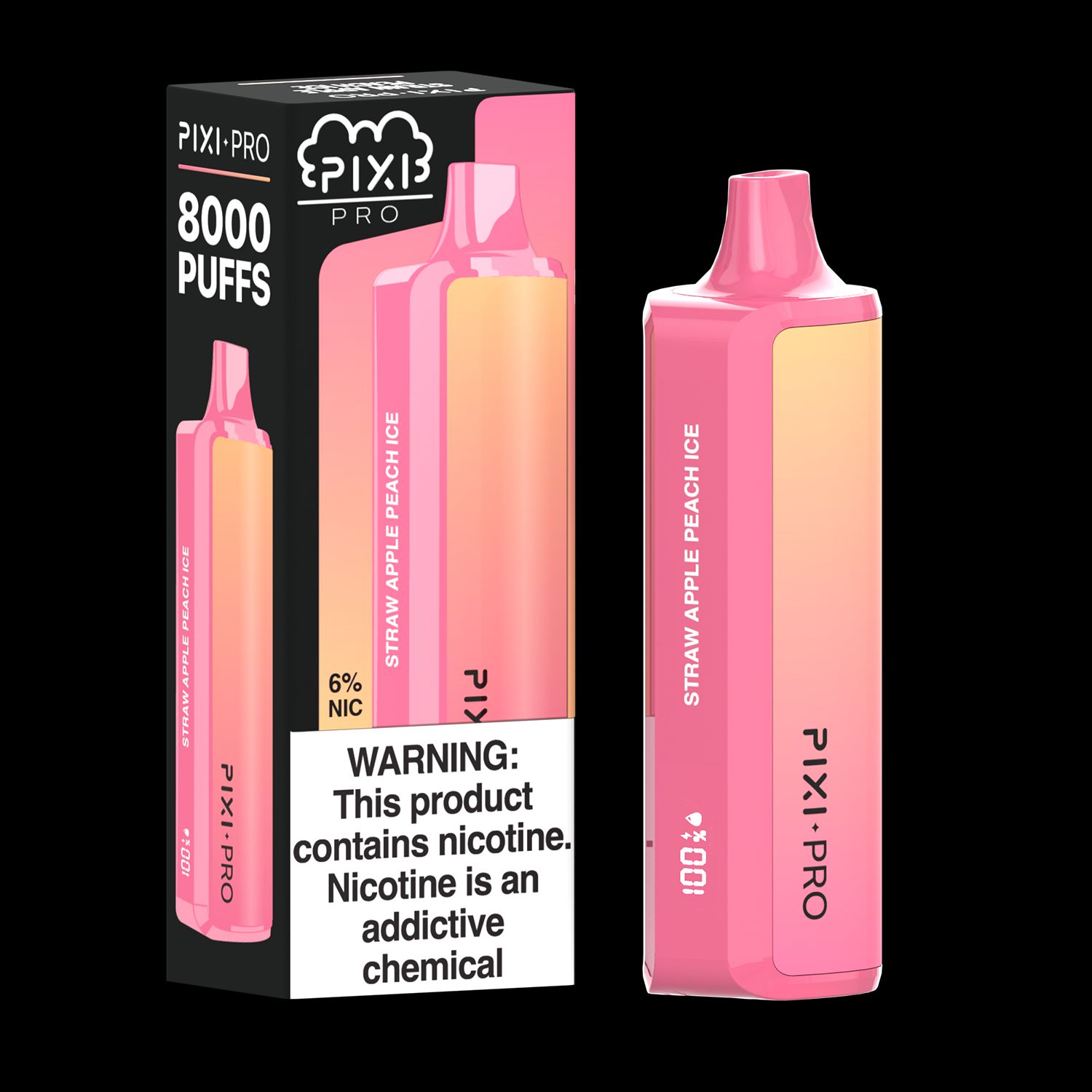 Puff Pixi Pro Disposable | 8000 puffs | 14mL Strawberry Apple Peach Ice with packaging