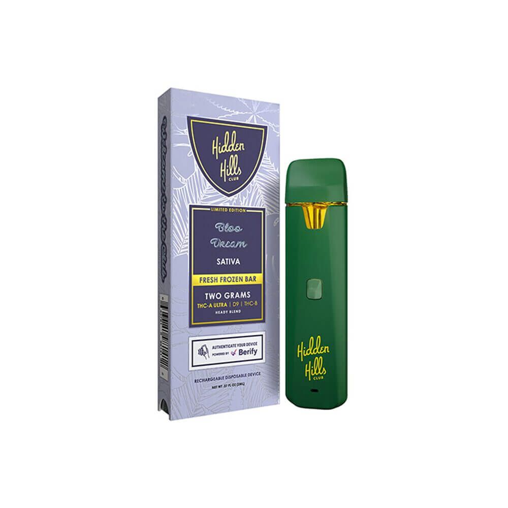 Hidden Hills Heady Blend THCAU + D9 + THCP Fresh Frozen Disposable (2g) Bloo Dream with packaging
