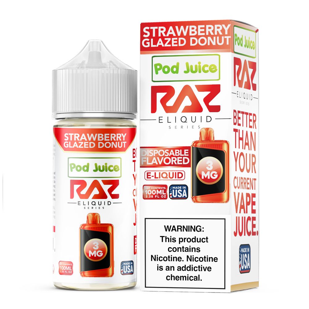Strawberry Glazed Donut Pod Juice x RAZ 100mL with packaging