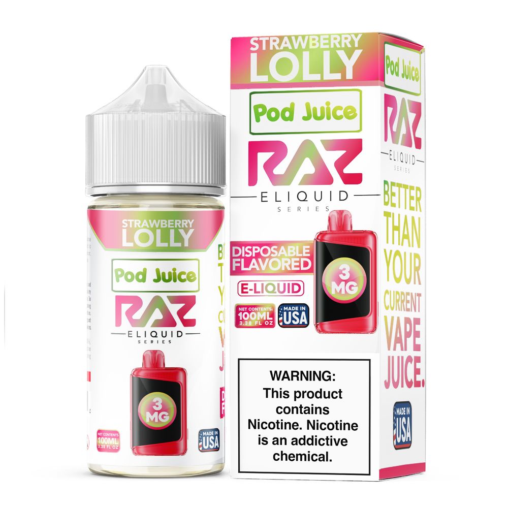 Strawberry Lolly Pod Juice x RAZ 100mL with packaging
