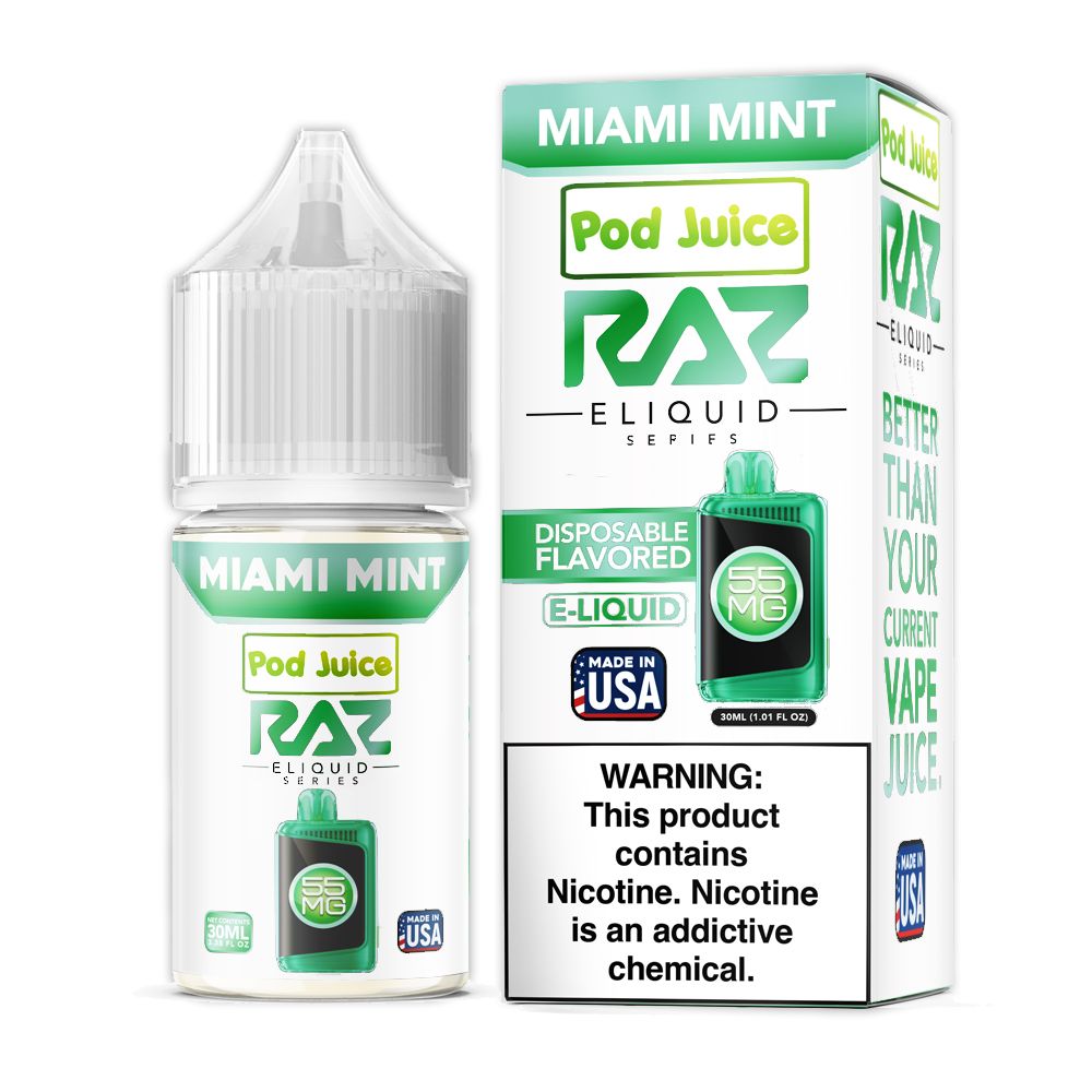Miami Mint Pod Juice x RAZ Salt 30ml with packaging