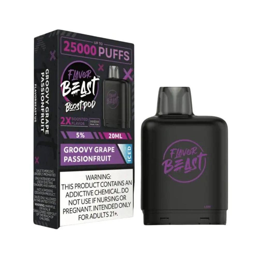Flavor Beast Level X Boost Replacement Pod - Groovy Grape Passionfruit Iced with packaging
