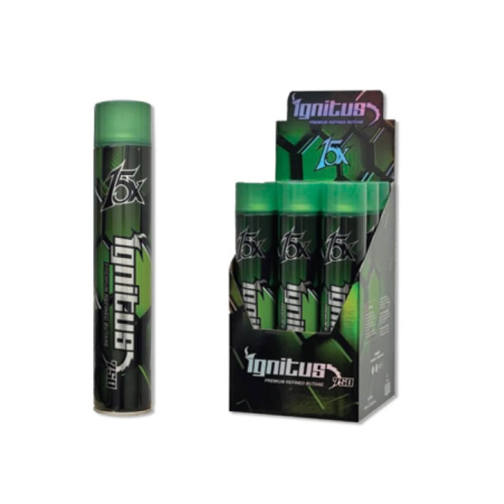 Ignitus Premium 15X Ultra Refined Butane 25.36oz 750mL (SAS) (9pc Display) Green Cannister with packaging