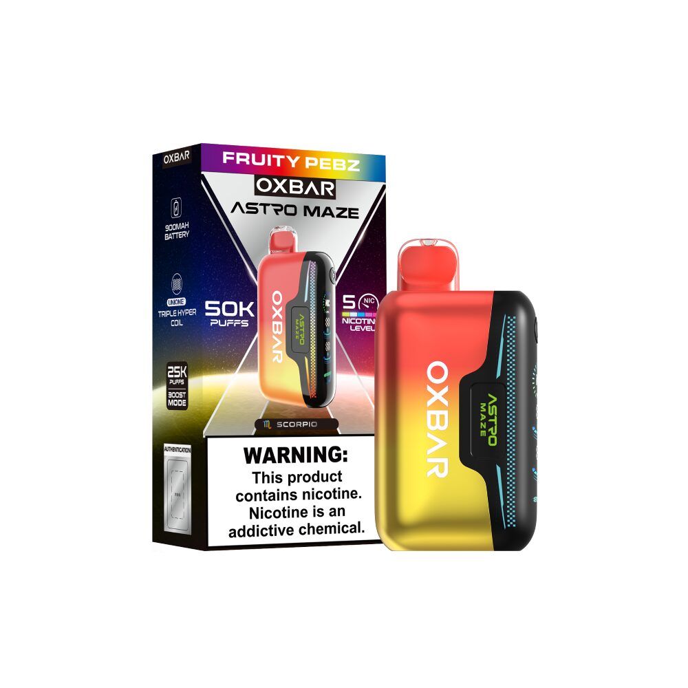 Oxbar Astro Maze 50K Disposable Fruity Pebz with packaging