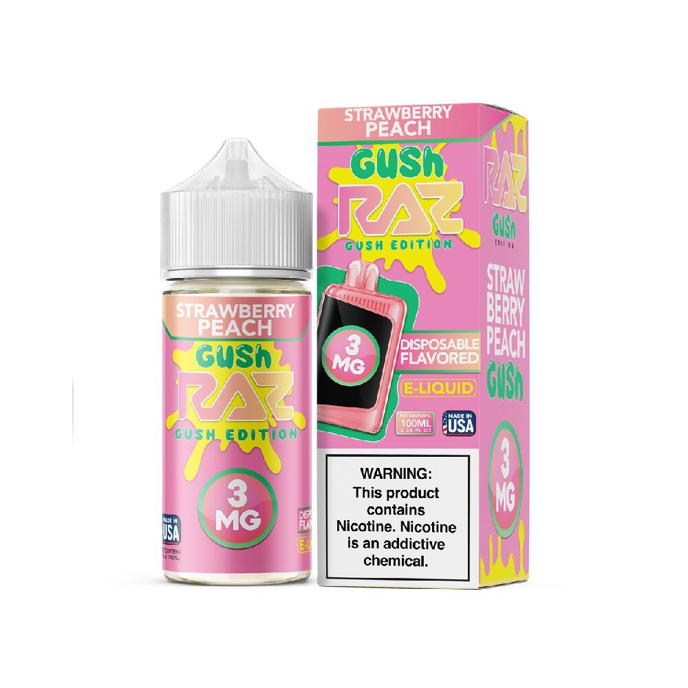 Pod Juice x RAZ - Strawberry Peach Gush - 100mL 3mg bottle with packaging