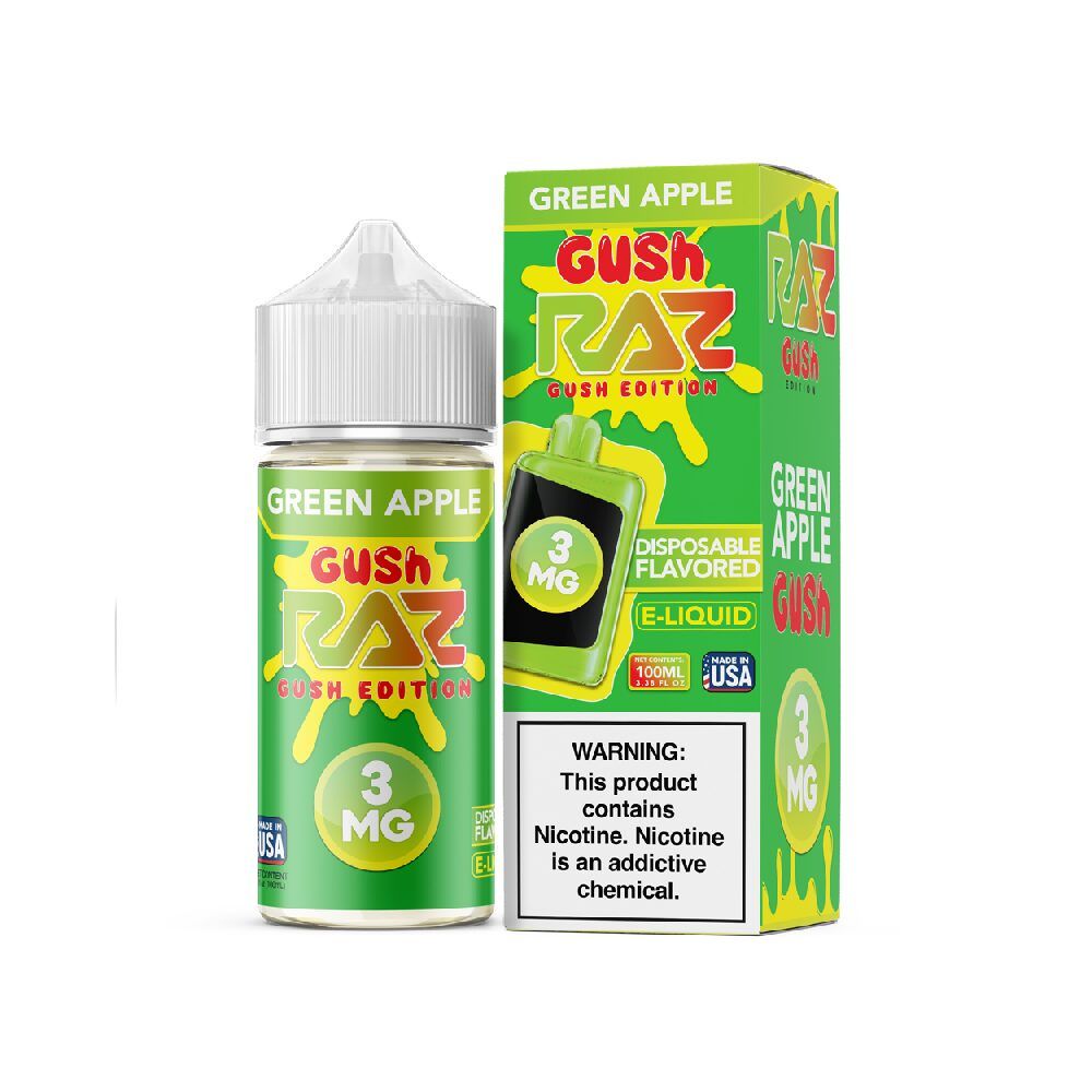 Pod Juice x RAZ - Green Apple Gush- 100mL 3mg bottle with packaging