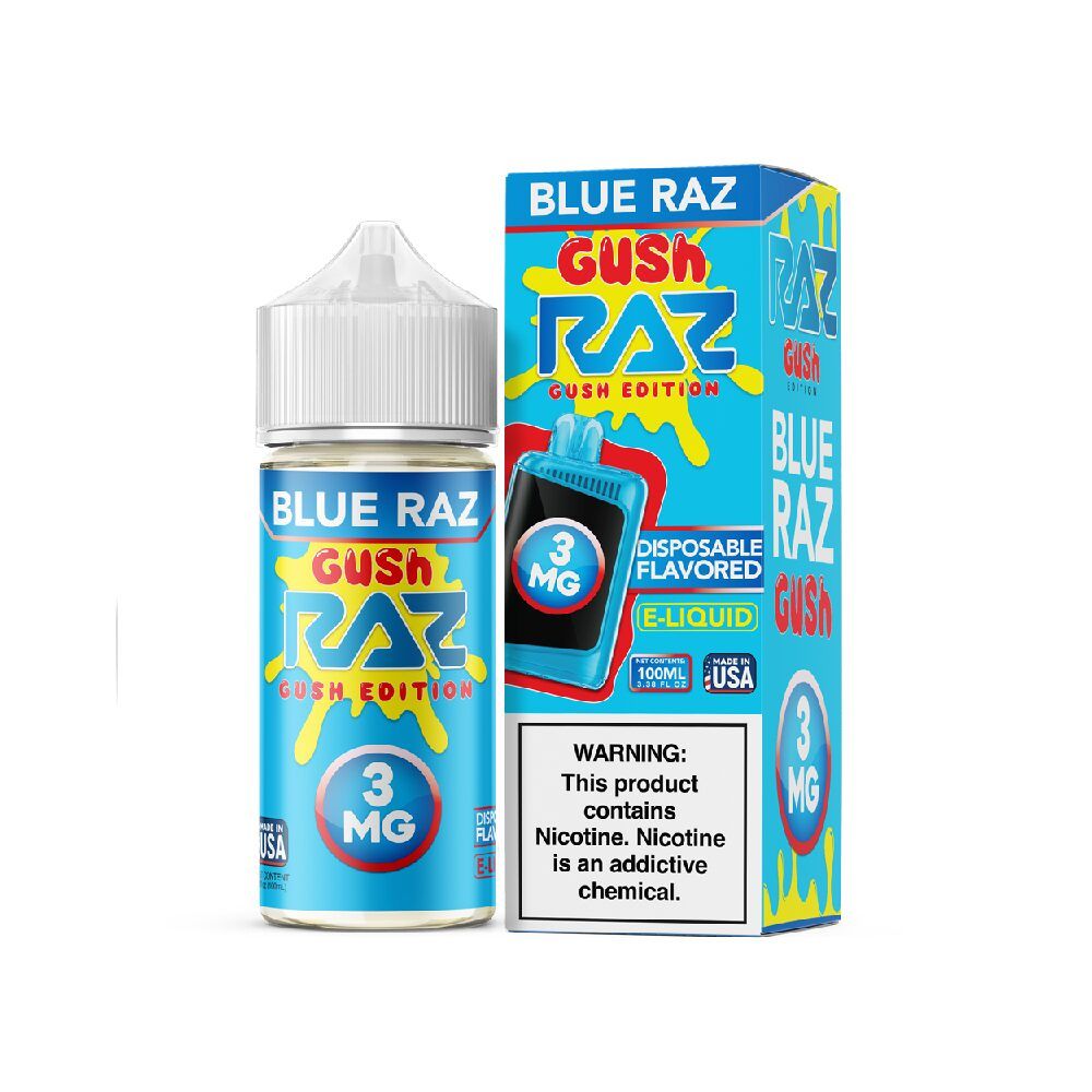 Pod Juice x RAZ - Blue Razz Gush- 100mL 3mg bottle with packaging