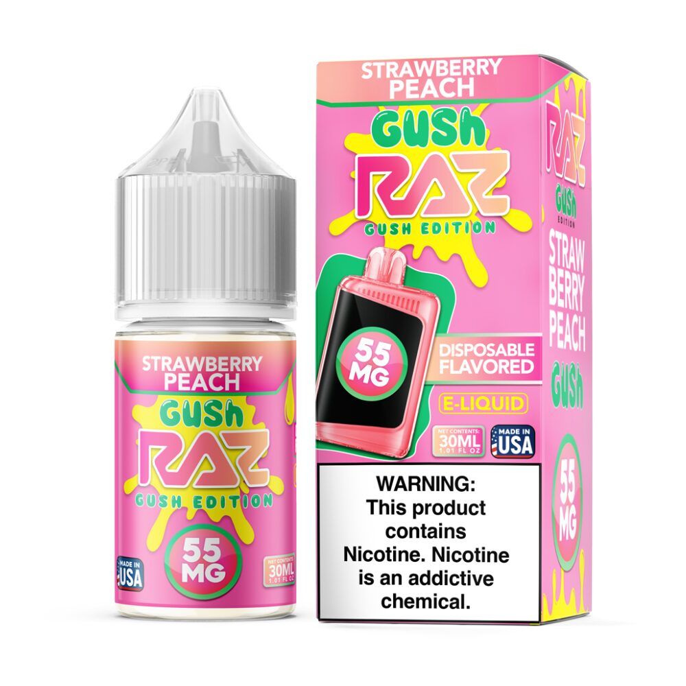 Pod Juice x RAZ - Strawberry Peach Gush - 30mL Salts 55mg bottle with packaging