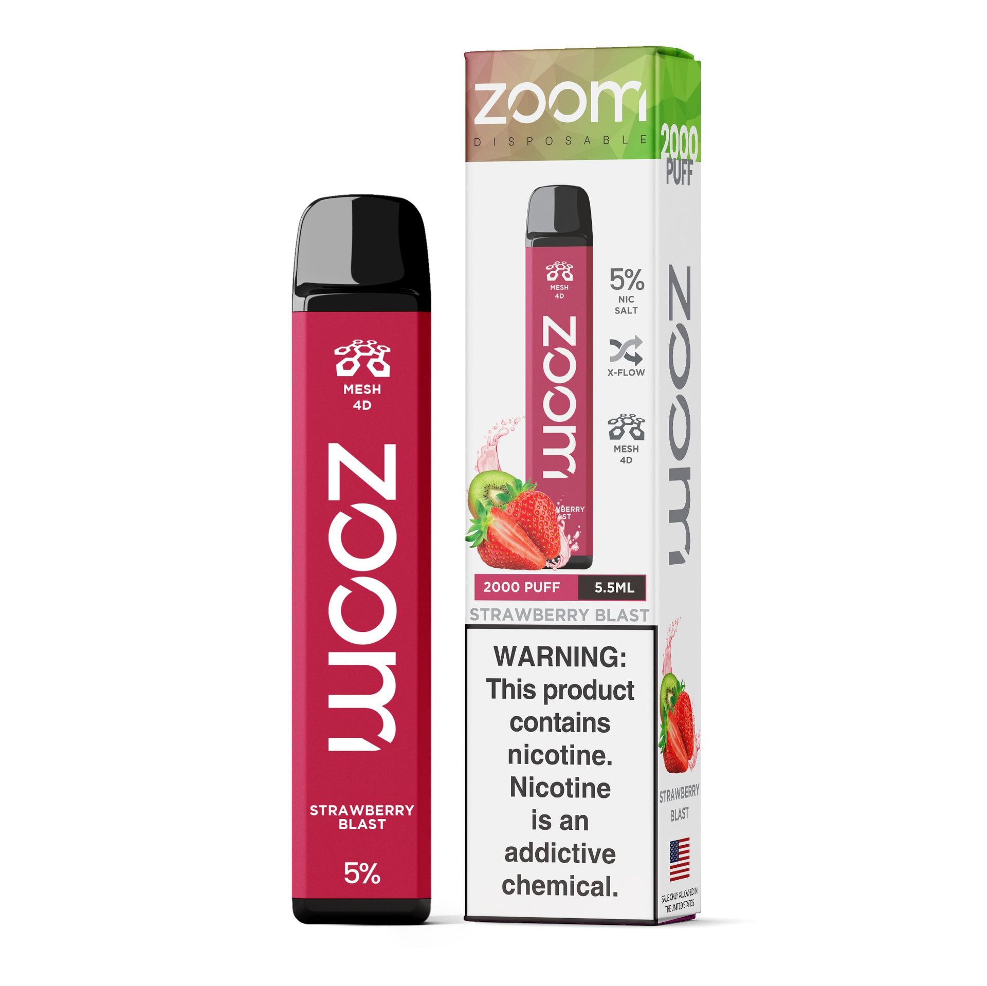 Zoom Disposable | 2000 Puffs | 5.5mL Strawberry Blast with packaging
