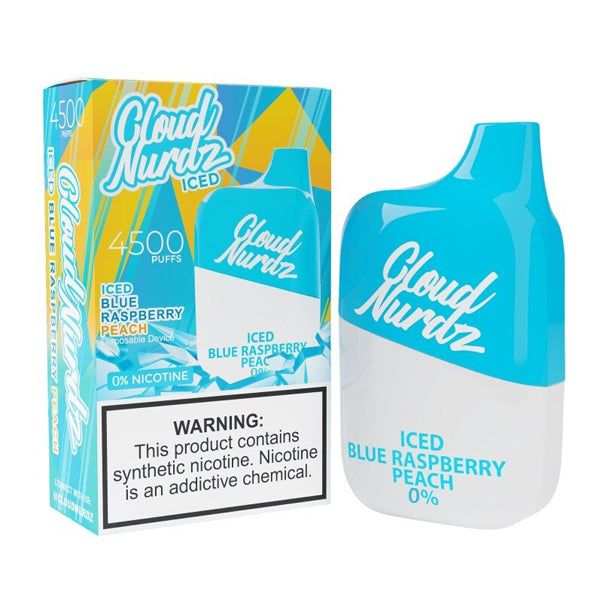 Cloud Nurdz 4.5K 0mg Disposable blue raspberry peach iced with packaging
