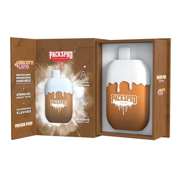 Packspod Disposable | 5000 Puffs | 12mL | 50mg Limited Edition Biscotti Latte with Packaging