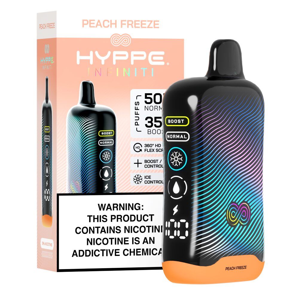 Hyppe Infiniti 50K Disposable peach freeze with packaging