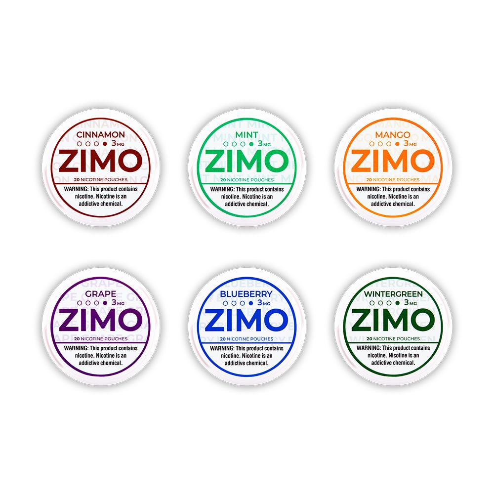 Zimo Oral Nicotine Pouches 3-8mg X20 Pouches 5-Cannister Pack Group Photo