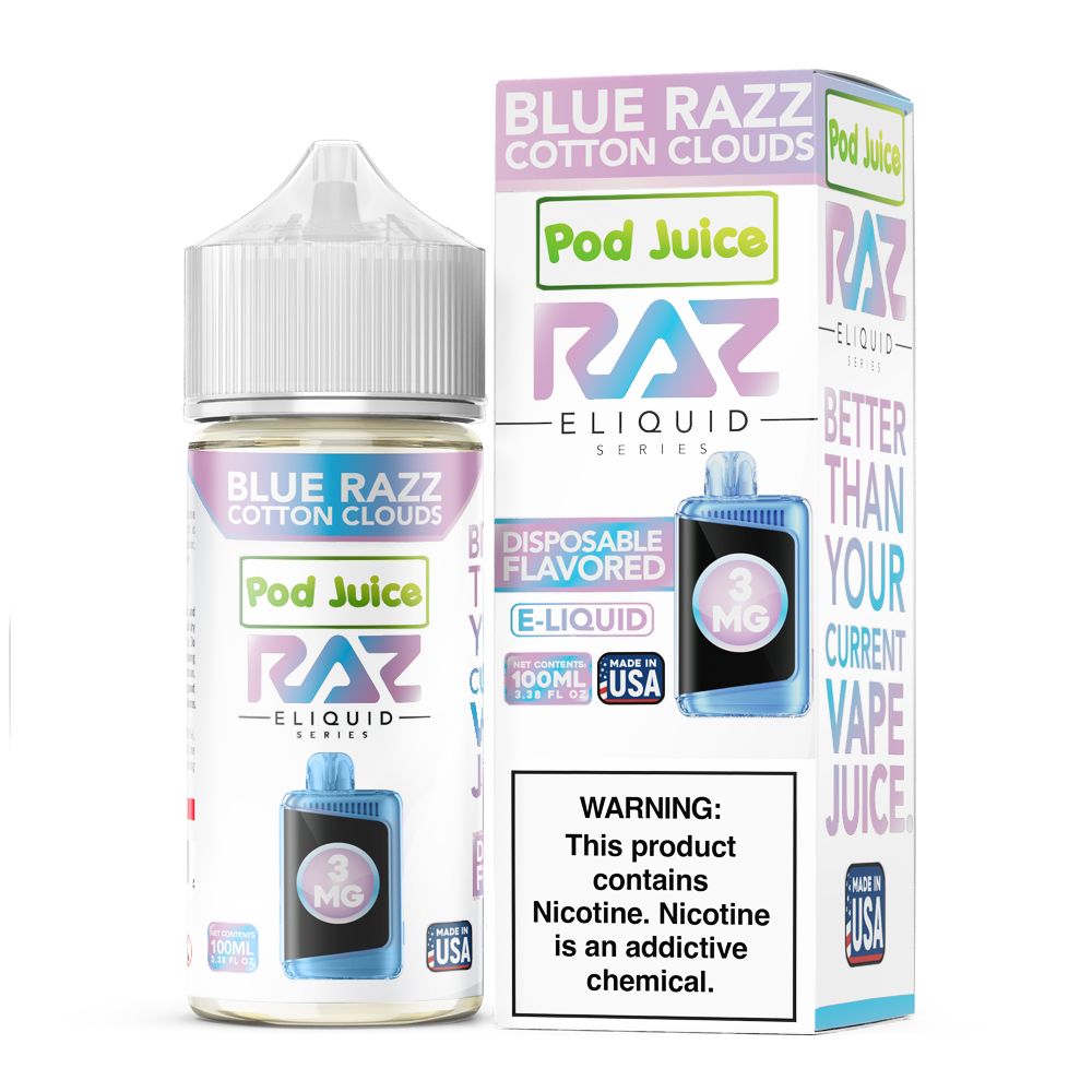 Blue Razz Cotton Clouds Pod Juice x RAZ 100mL with packaging