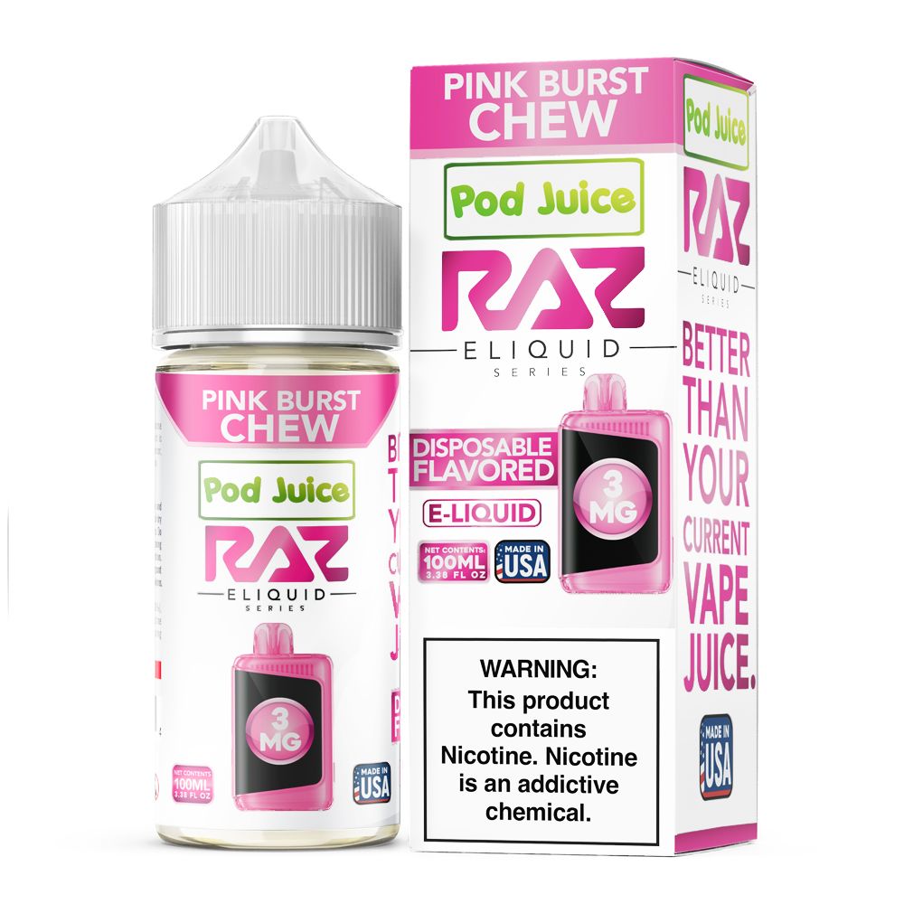 Pink Burst Chew Pod Juice x RAZ 100mL with packaging