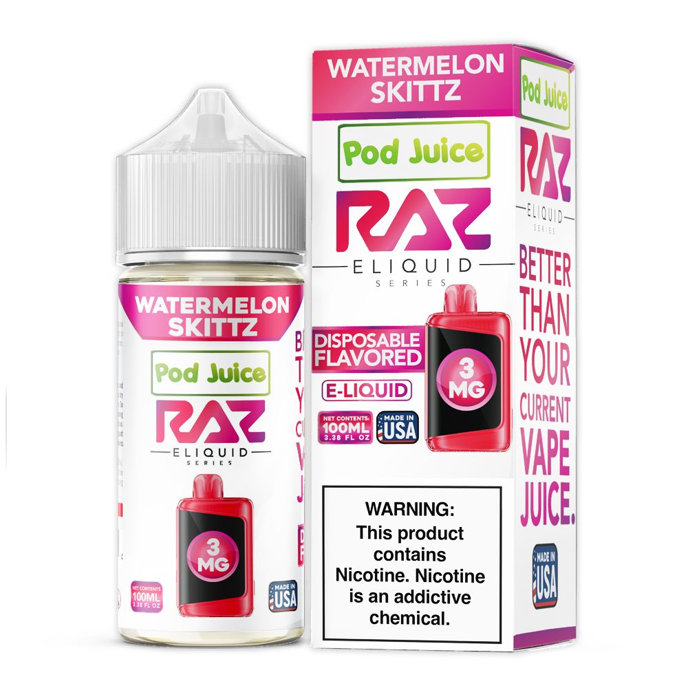 Watermelon Skittz Pod Juice x RAZ 100mL with packaging