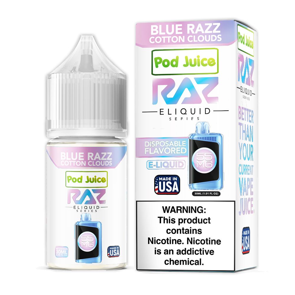 Blue Razz Cotton Clouds Pod Juice x RAZ Salt 30ml with packaging