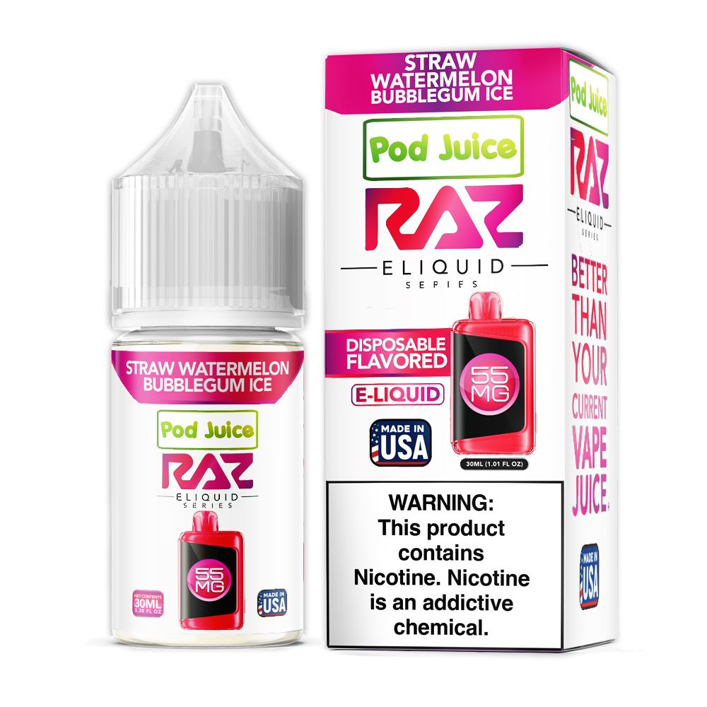 Straw Watermelon Bubblegum Ice Pod Juice x RAZ Salt 30ml with packaging