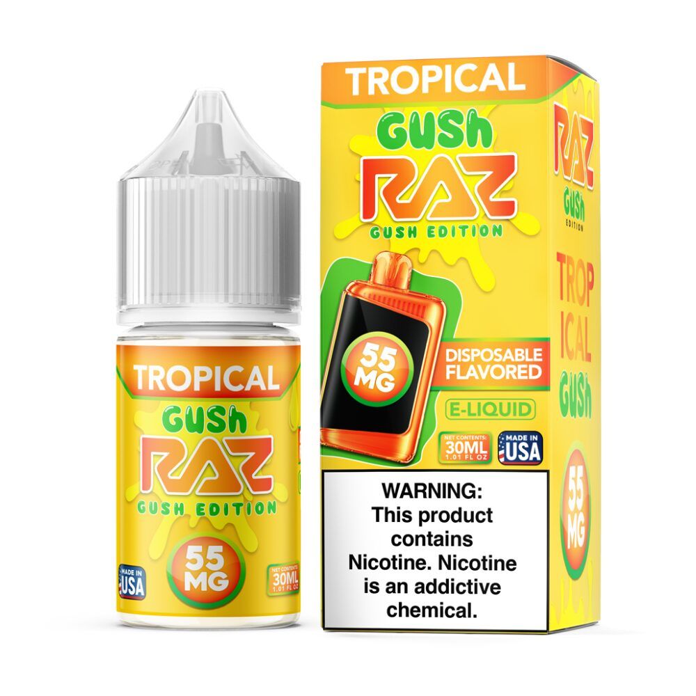 Pod Juice x RAZ - Tropical Gush - 30mL Salts 55mg bottle with packaging