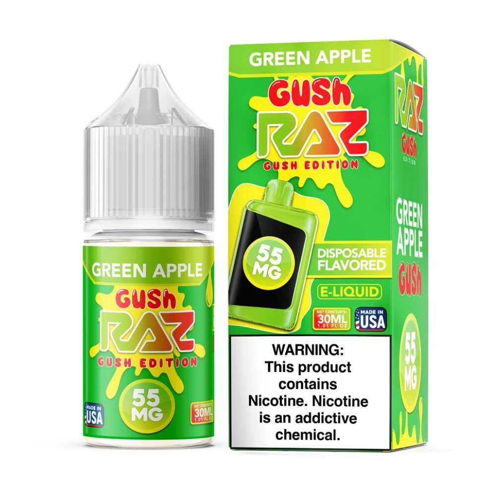 Pod Juice x RAZ - Green Apple Gush - 30mL Salts 55mg bottle with packaging